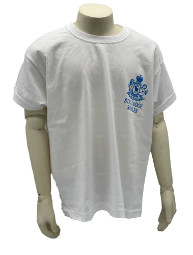 Stag Lodge Printed Logo T Shirt - White with Blue Logo